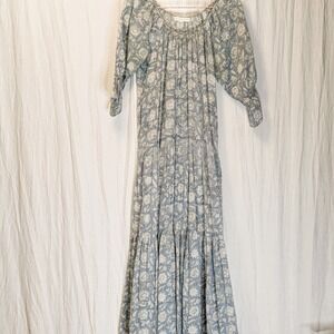 Sustainable Block Print Daughters of India Maxi dress Sky Blue & White XS